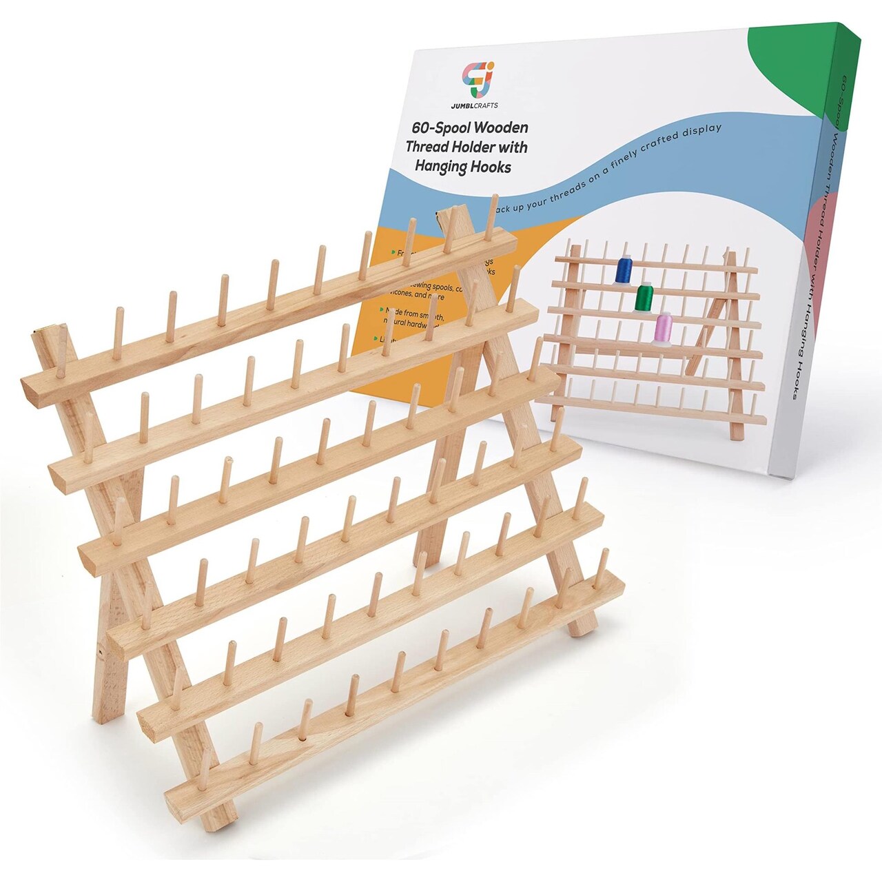 JumblCrafts Wooden Thread Rack Holder. 60-Spool Thread Organizer Rack W/ Hooks & Flip-Out Legs, 16.1”x1.9”x13.2”